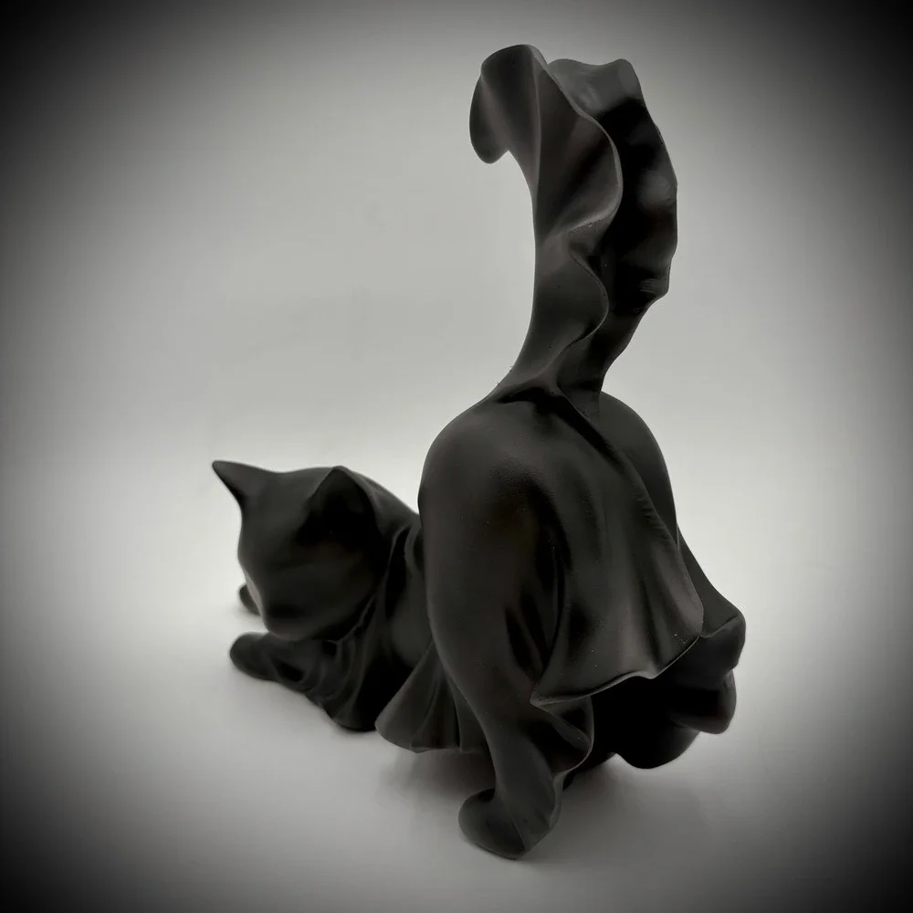 Black Ghost Cat Statue Whimsical Stretching Tail Upwards Decorative Figure